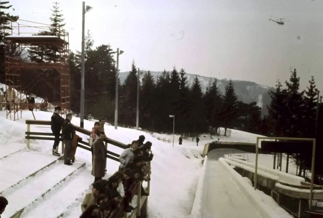 Spectators gather at the start of the Trebević bobsled track, 1984